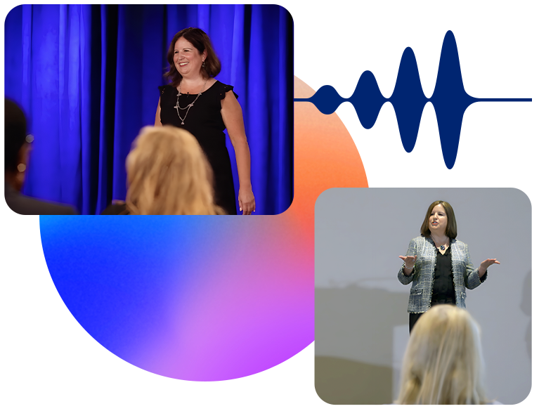 a collage style image featuring two photographs of patricia bravo speaking to audiences, on top of a gradated circle and wavelength graphic