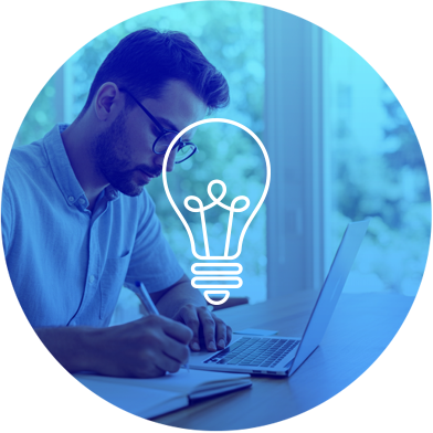 man using laptop with lightbulb icon in the foreground